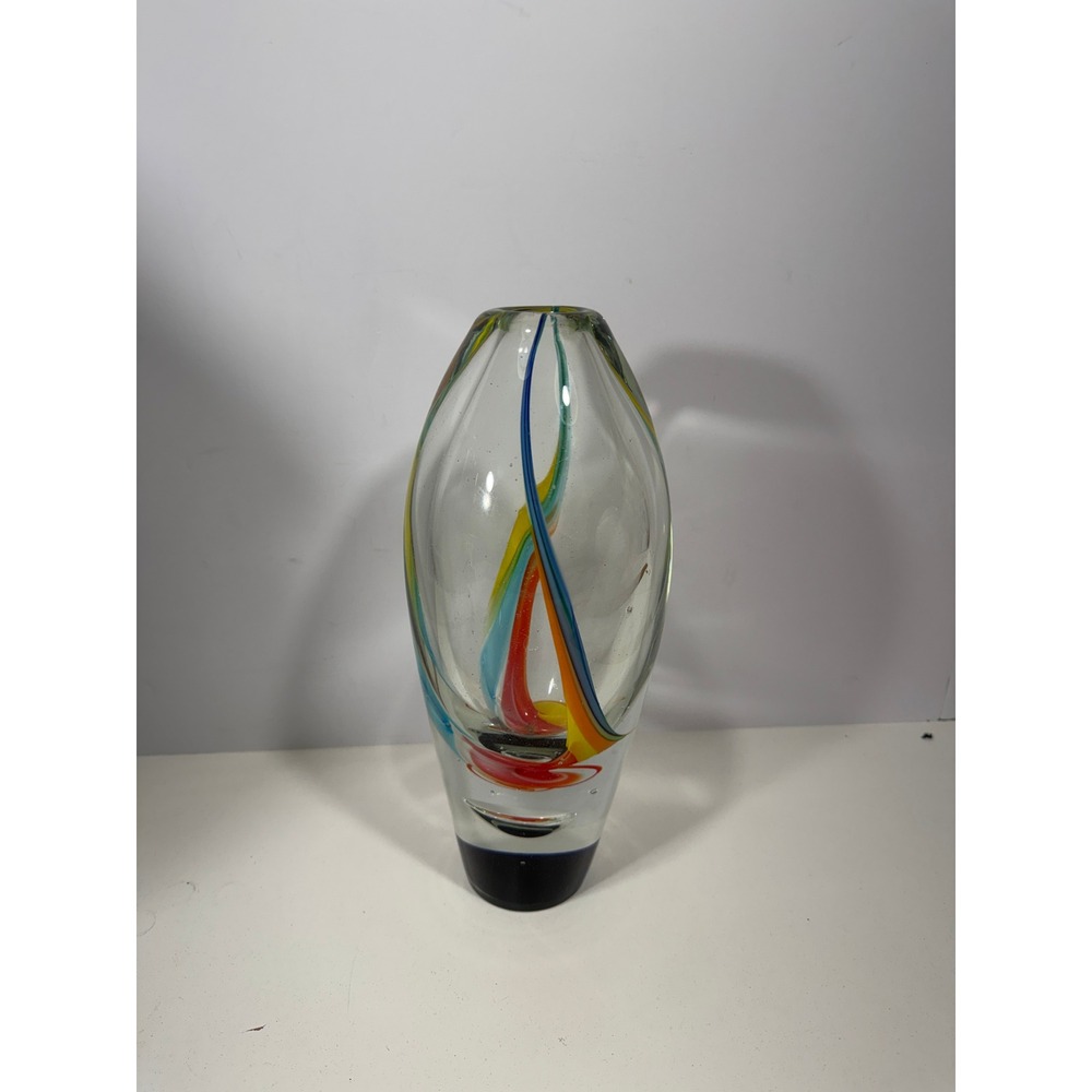 Murano Art Glass Bud Vase Sommerso Style Ribbon Swirl Blue Red Yellow VERY heavy